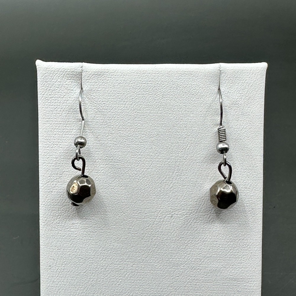 Silver Tone Faceted Ball Drop Earrings Minimalist Modernist Everyday Dangle
